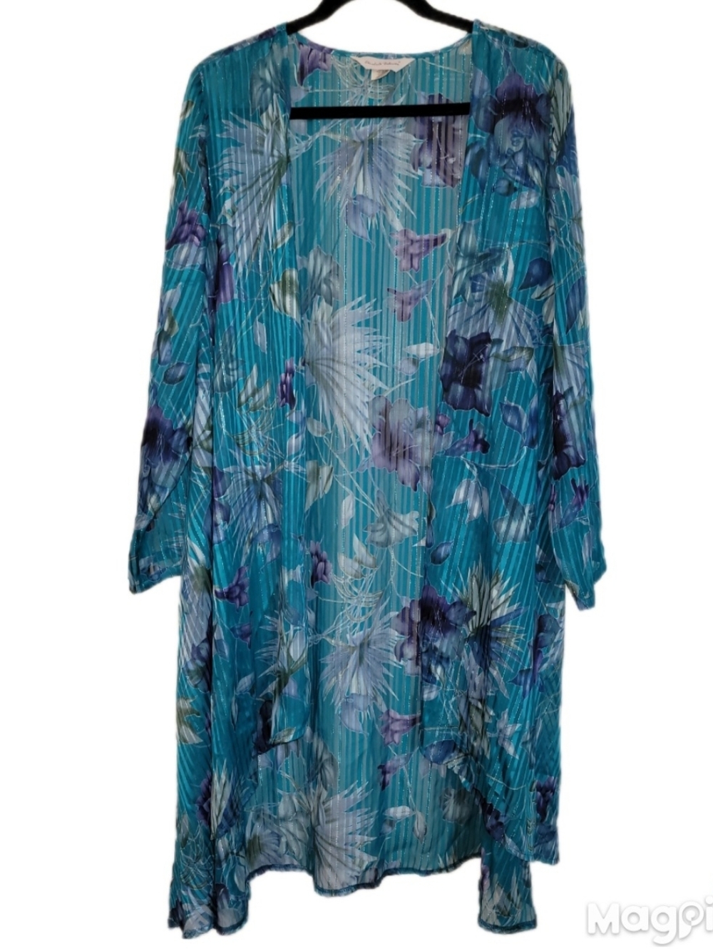 Elizabeth Williams Blue Waterfall Open Wrap Chemise  XL Silky Floral Semi Sheer